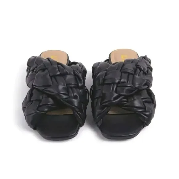 NEW EGO BLACK  WOVEN CROSS STRAPS SQUARED TOES  SANDALS - Picture 3 of 4